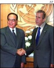 George bush is welcomed at the UN by MSS, the new secretary general